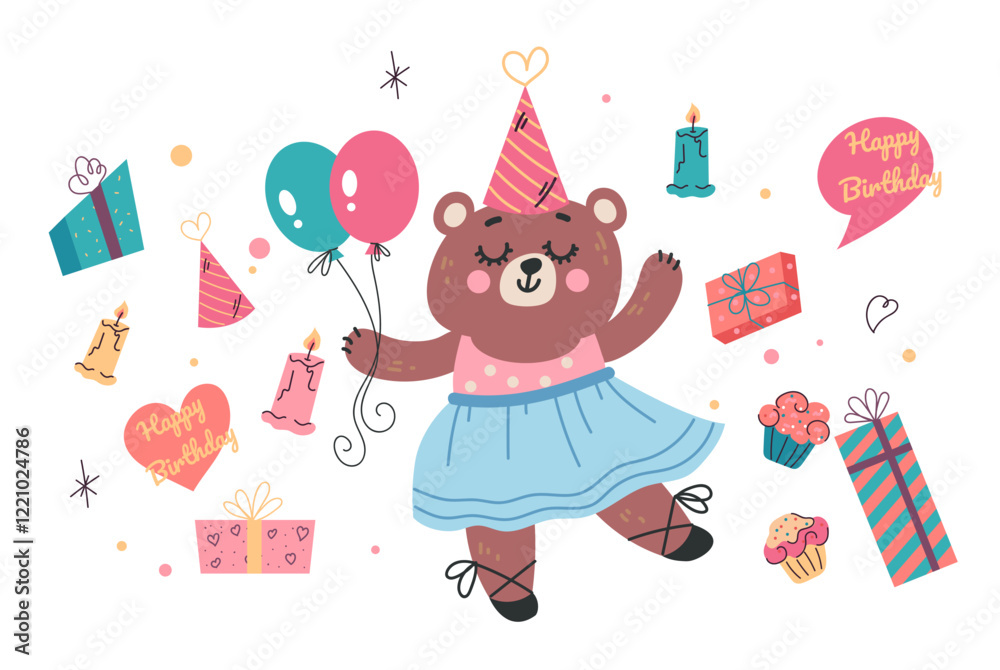 Fototapeta premium Animal birthday party celebration concept. Vector isolated graphic design illustration set