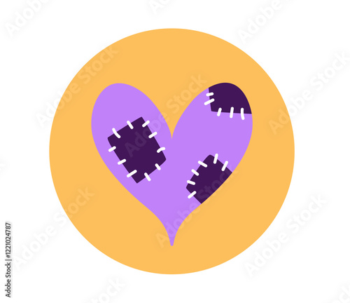 Colorful broken heart bandage hand sewing stitches line art flat set. Vector graphic design illustration element