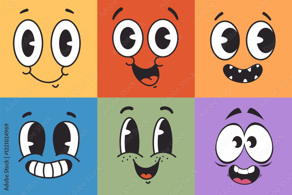 Fototapeta premium Happy retro cartoon style character face expression comic concept. Vector graphic design illustration element