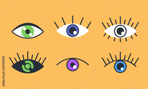 Different type of eyes colorful esoteric style flat set. Vector graphic design illustration element	