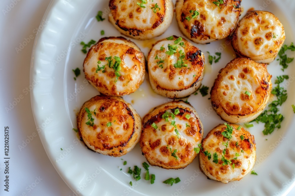 A top-down view of grilled scallops with cheese, arranged elegantly on a white plate, highlighting the melted cheese and tender scallop texture A top-down view of grilled scallops with cheese, arranged elegantly on a white plate, highlighting the melted cheese and tender scallop texture