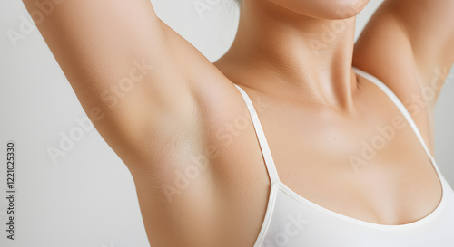 Underarm Skin, Smooth and Soft, Close-up view of a woman's armpit, showcasing healthy and hairless skin. Ideal for beauty, skincare, or cosmetic advertisements.