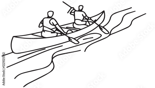 Two men enjoying white water rafting River rafting concept one line drawing vector illustration