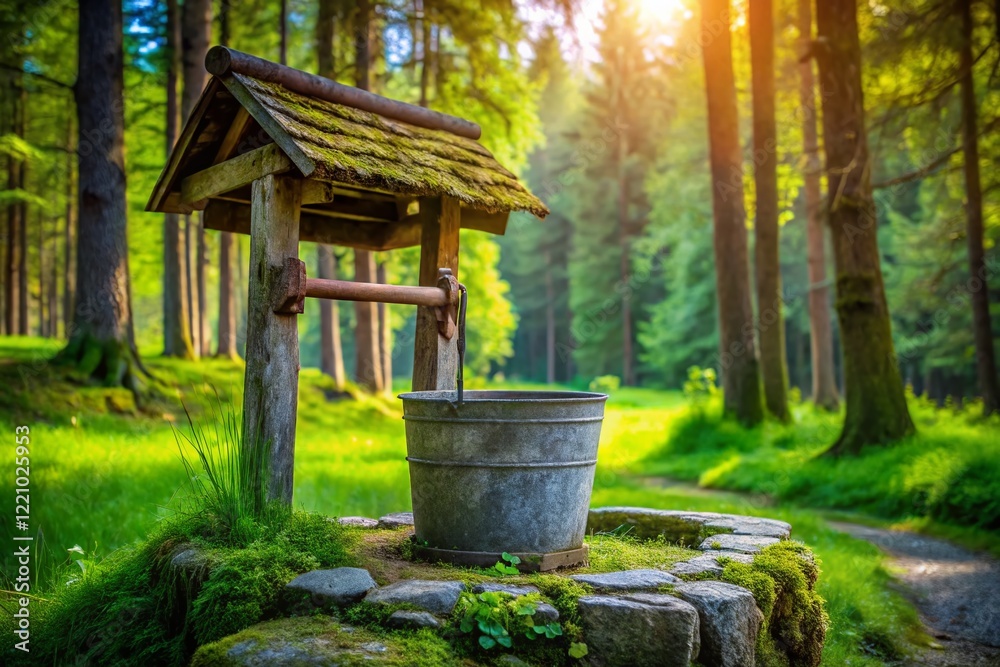 Rustic Wooden Well in Forest: Abandoned Village Countryside Landscape Stock Photo Rustic Wooden Well in Forest: Abandoned Village Countryside Landscape Stock Photo