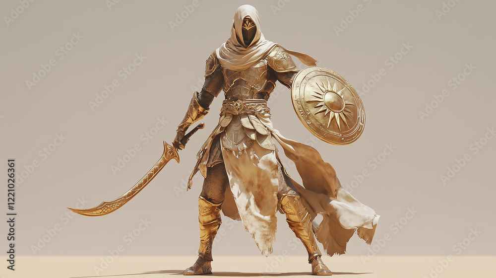 Naklejka premium A desert-themed elven knight in gold and sand-colored armor with flowing scarves, wielding a curved scimitar and a shield adorned with sun motifs. Videogame 3D model, A-pose, simpl
