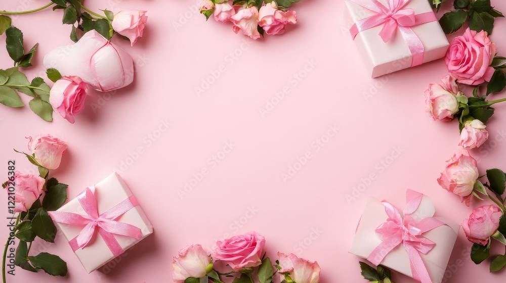 Heart-shaped ribbon with gift boxes and roses on pink background – valentine's, mother's day, birthday concept Heart-shaped ribbon with gift boxes and roses on pink background – valentine's, mother's day, birthday concept