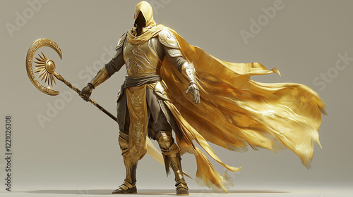 A desert-themed elven knight in gold and sand-colored armor with flowing scarves, wielding a curved scimitar and a shield adorned with sun motifs. Videogame 3D model, A-pose, simpl