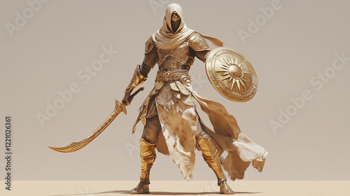 A desert-themed elven knight in gold and sand-colored armor with flowing scarves, wielding a curved scimitar and a shield adorned with sun motifs. Videogame 3D model, A-pose, simpl