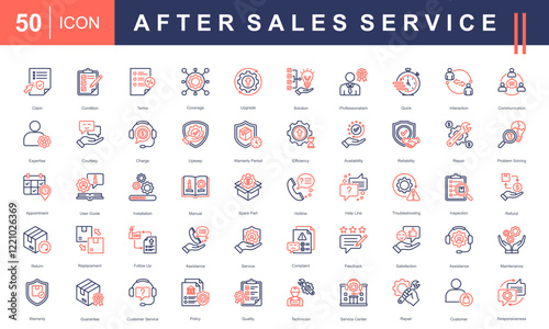 After Sales Service icon collection set. Covering claims, warranty, maintenance, communication, solutions, repairs, policies, guides, and customer satisfaction. Perfect for professional projects.