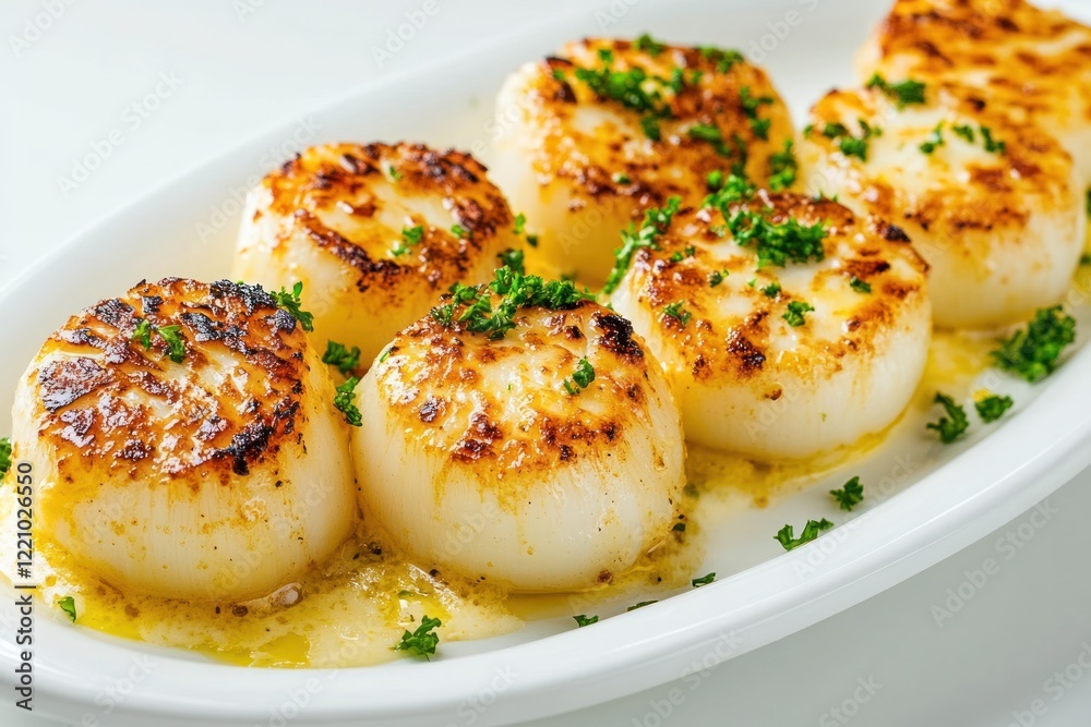 An elegant serving of grilled scallops with cheese, presented on a white dish with a clean, minimalistic background, offering a fresh and appetizing visual An elegant serving of grilled scallops with cheese, presented on a white dish with a clean, minimalistic background, offering a fresh and appetizing visual