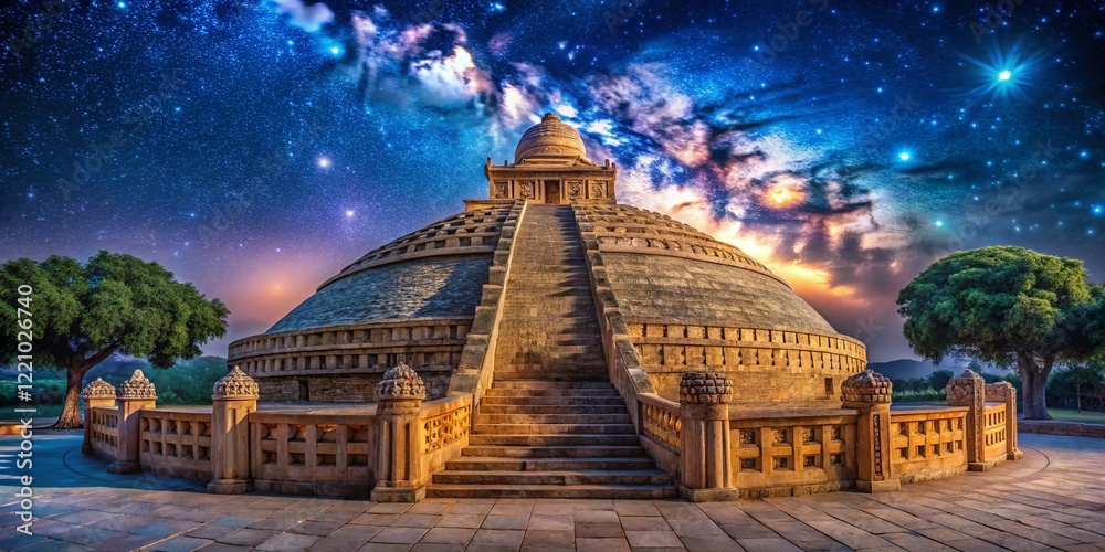 Obraz premium Sanchi Stupa Long Exposure Night Photography, Ancient Indian Architecture, Buddhist Symbolism, Spiritual Landmark, Travel India