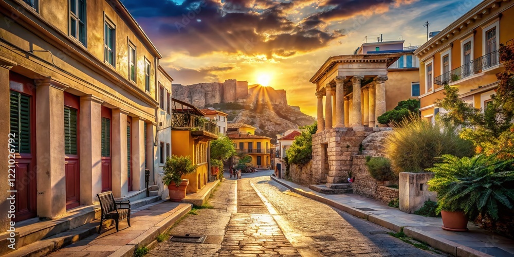 Fototapeta premium Sun-Drenched Athenian Street: Ancient Ruins & Modern Life, Greece