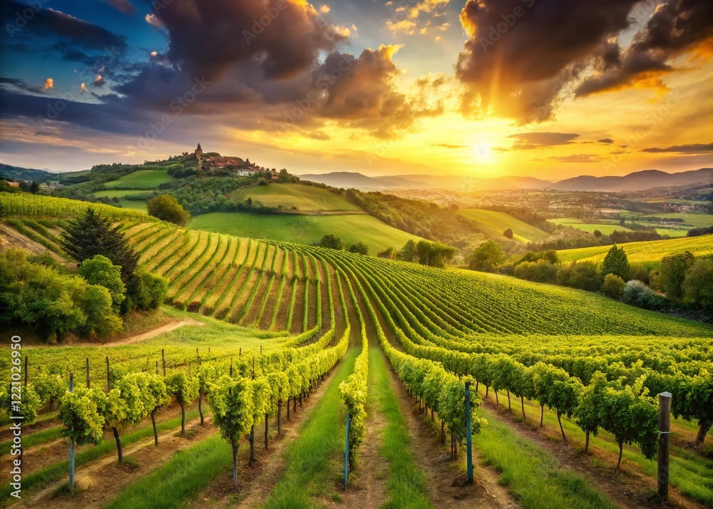 Fototapeta premium Sun-drenched Montepulciano Vineyards in Abruzzo, Italy - Rolling Hills & Lush Landscape