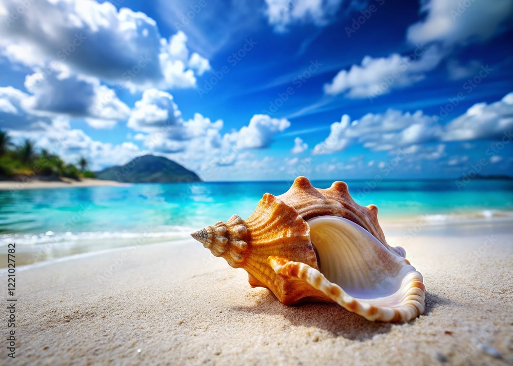Seashell on Tropical Beach Sand, Summer Vacation, Ocean Shore, Idyllic Paradise Seashell on Tropical Beach Sand, Summer Vacation, Ocean Shore, Idyllic Paradise