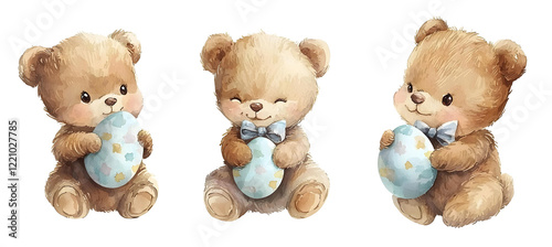 Adorable Teddy Bear Cubs in Festive Easter Bows, Watercolor Style