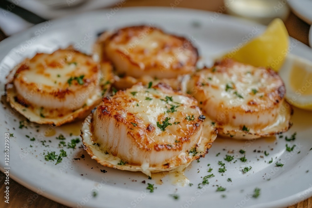 Grilled scallops with a golden crust, topped with melted cheese, served on a white plate with a sprinkle of herbs and a side of lemon wedges Grilled scallops with a golden crust, topped with melted cheese, served on a white plate with a sprinkle of herbs and a side of lemon wedges