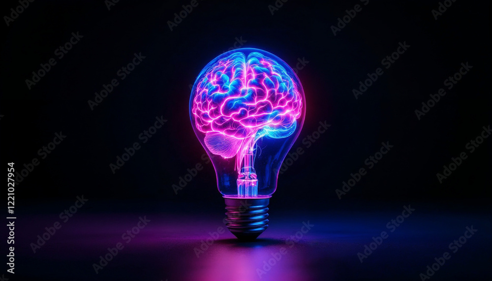 Bright light bulb shaped like a brain illuminating a dark space with colorful hues Bright light bulb shaped like a brain illuminating a dark space with colorful hues