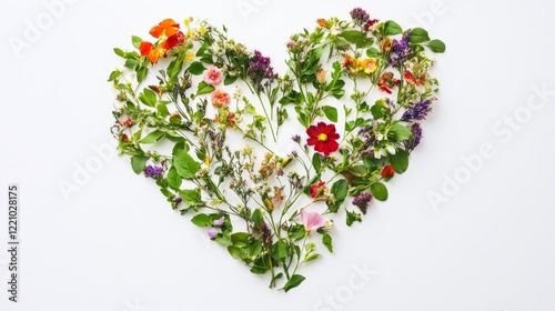 Heart-shaped design made of colorful flowers and leaves on a white background – valentine's day, spring theme