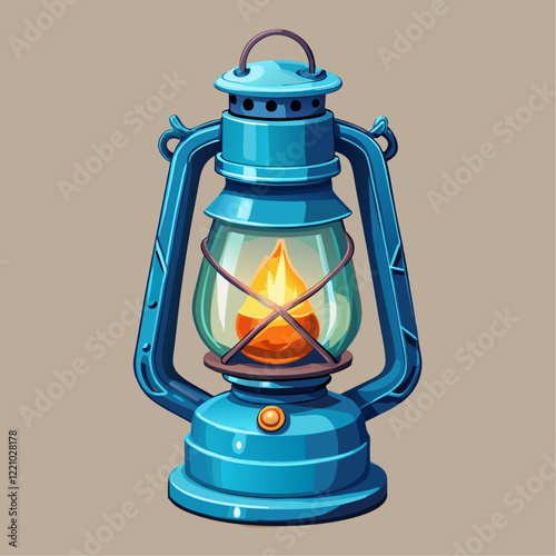 Vintage Blue Kerosene Lantern Glowing Flame Illustration