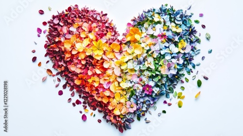 Heart-shaped design made of colorful flowers and leaves on a white background – valentine's day, spring theme