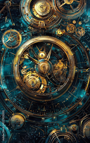 Wallpaper Mural Intricate Timepiece Mechanism: A captivating close-up of a detailed clock mechanism with golden gears and precise workings, symbolizing time, precision, and history. Torontodigital.ca