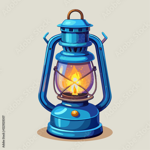Vintage Blue Kerosene Lantern Glowing Flame Illustration