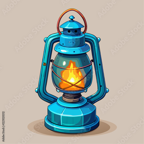 Vintage Blue Kerosene Lantern Glowing Flame Illustration