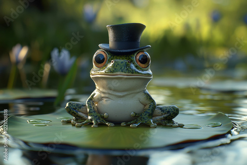 A whimsical frog with a top hat sitting on a lily pad in a sunlit pond photo