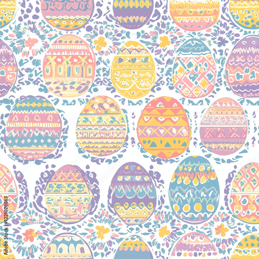 Whimsical Folk Art Easter Eggs in Pastel Colors with Playful Floral Elements Whimsical Folk Art Easter Eggs in Pastel Colors with Playful Floral Elements