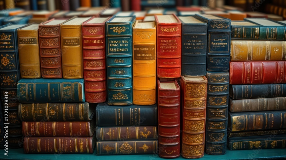 Antique books stacked neatly display ornate gilded spines Antique books stacked neatly display ornate gilded spines