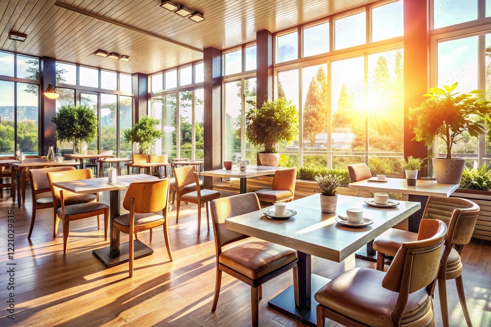Sunlit Restaurant Interior: Empty Tables & Chairs Ready for Breakfast Sunlit Restaurant Interior: Empty Tables & Chairs Ready for Breakfast