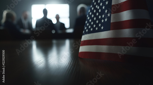 A close-up of the United States flag in a dimly lit conference room with blurred figures in the background, representing policy discussions, governance, leadership, and national decision-making. photo