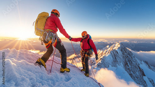 Teamwork and Triumph Climbers Ascending a Snowy Mountain Peak at Sunrise