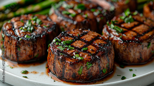 Close-up of perfectly grilled filet mignon medallions with a caramelized crust on creamy risotto
