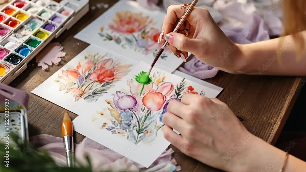 A brush in the process of painting postcards with flowers by watercolor. The concept of woman day. View from above.