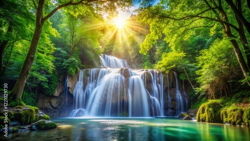 Sunlit Waterfall in Lush Forest with Bokeh, Nature Photography