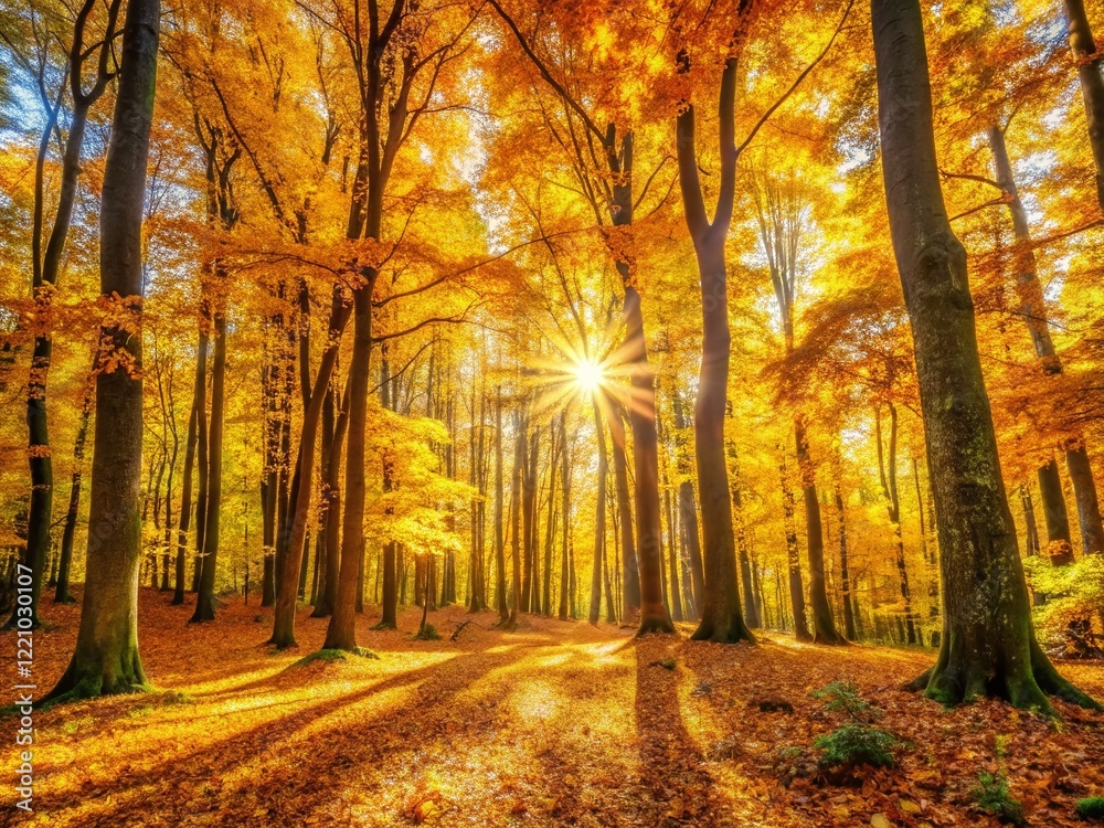 Obraz premium Sunny Autumn Forest: Golden Trees & Copy Space - Stock Photo