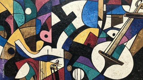 Abstract Cubist Painting Featuring Musical Instruments