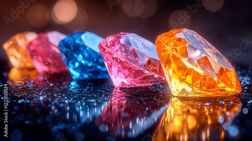 Elegant row of semi-precious gemstones in varied colors under atmospheric lighting