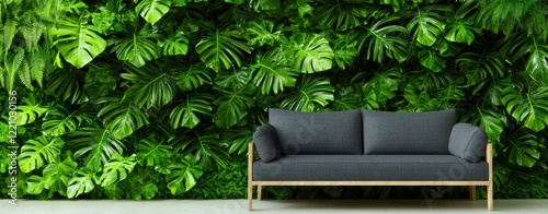 A modern sofa is set against a lush green wall of tropical leaves, creating a vibrant and inviting atmosphere.