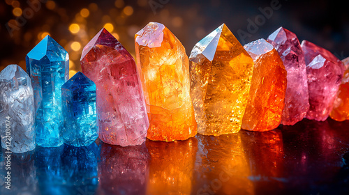 Elegant row of semi-precious gemstones in varied colors under atmospheric lighting