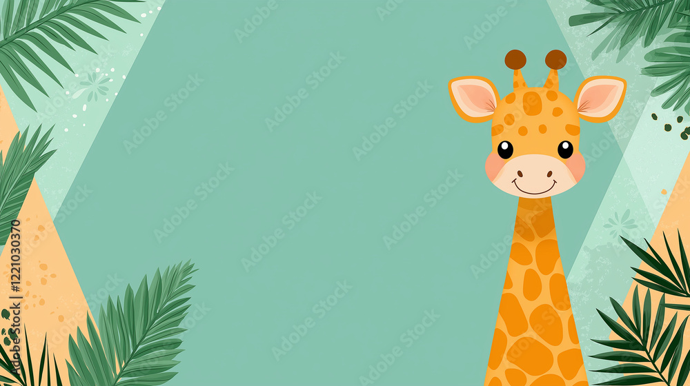 Fototapeta premium Safari Adventure: A cheerful giraffe peeks from behind tropical leaves with a charming smile, ready to greet the world. A turquoise background with subtle textures adds a touch of playful adventure.