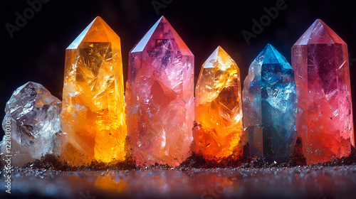Elegant row of semi-precious gemstones in varied colors under atmospheric lighting