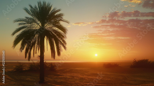 sunrise at sandy beach with palm tree