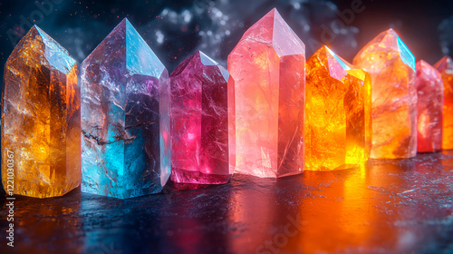 Elegant row of semi-precious gemstones in varied colors under atmospheric lighting