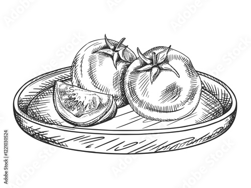 Vector illustration of tomato, slice on wooden plate. Organic fresh vegetables, healthy harvest. Ingredients, farming products. Hand drawn, line art style painted by black ink on isolated background
