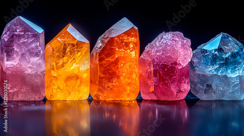 Elegant row of semi-precious gemstones in varied colors under atmospheric lighting