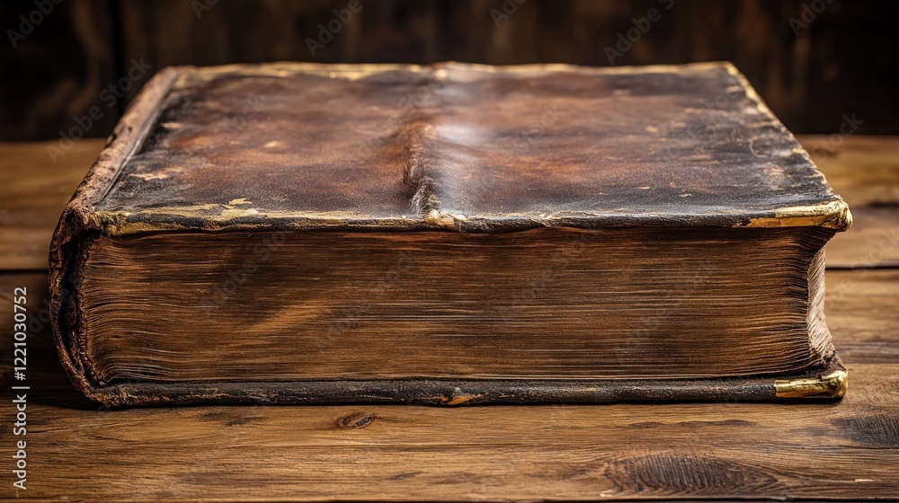 Ancient Leather Bound Book Rests On Wooden Table