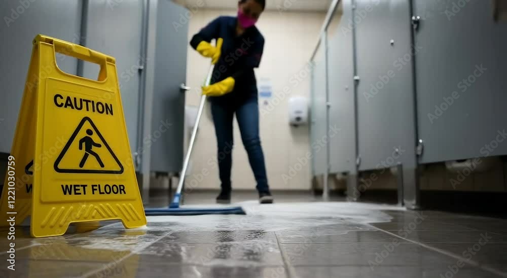 janitor mopping public restroom floor with wet floor caution sign. Cleaning service worker in mask and uniform