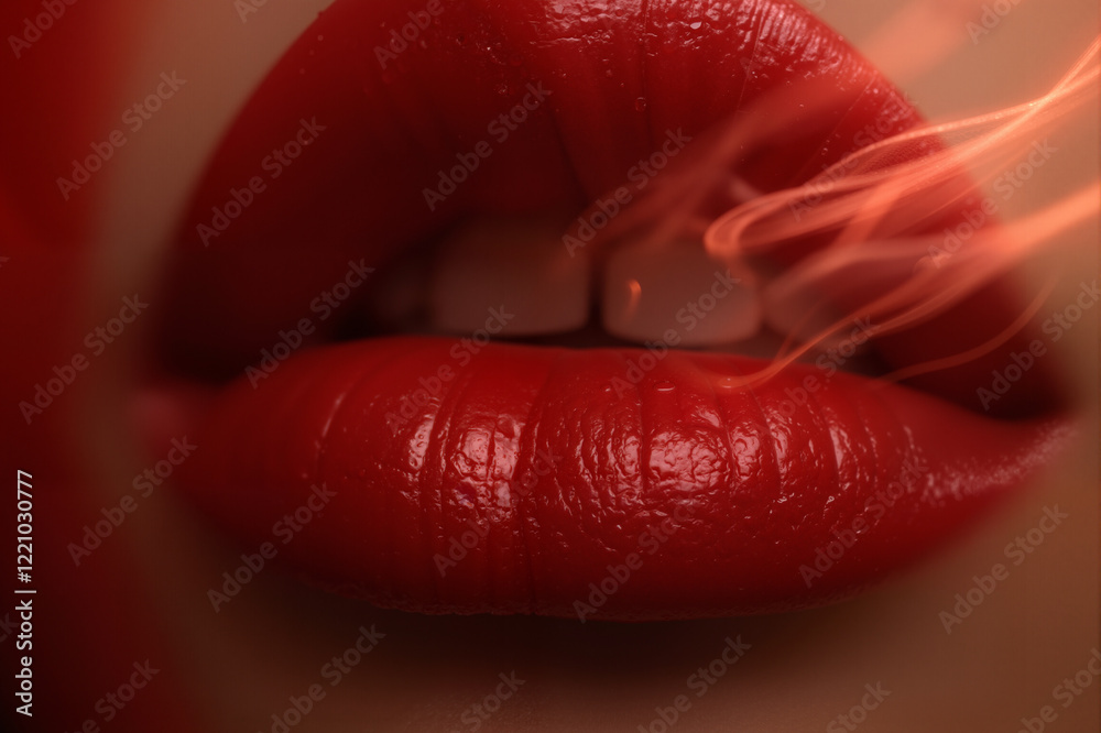A close-up image of a woman's lips, intensely saturated with a vibrant red lipstick, exhaling a plume of orange-red smoke. A close-up image of a woman's lips, intensely saturated with a vibrant red lipstick, exhaling a plume of orange-red smoke.